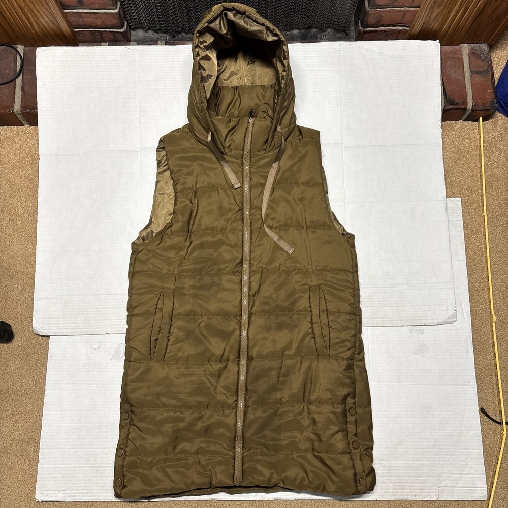 Women's Hooded Puffer Vest Size Large Olive Brown Quilted Full Zip Sleeveless
